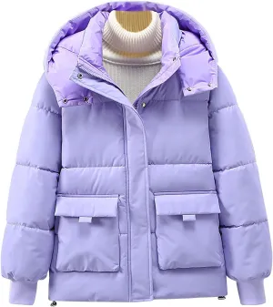 Womens Cropped Hooded Puffer Jacket Lightweight Solid Color Zip Up Down Coat Winter Warm Outdoor Clothes With Pocket