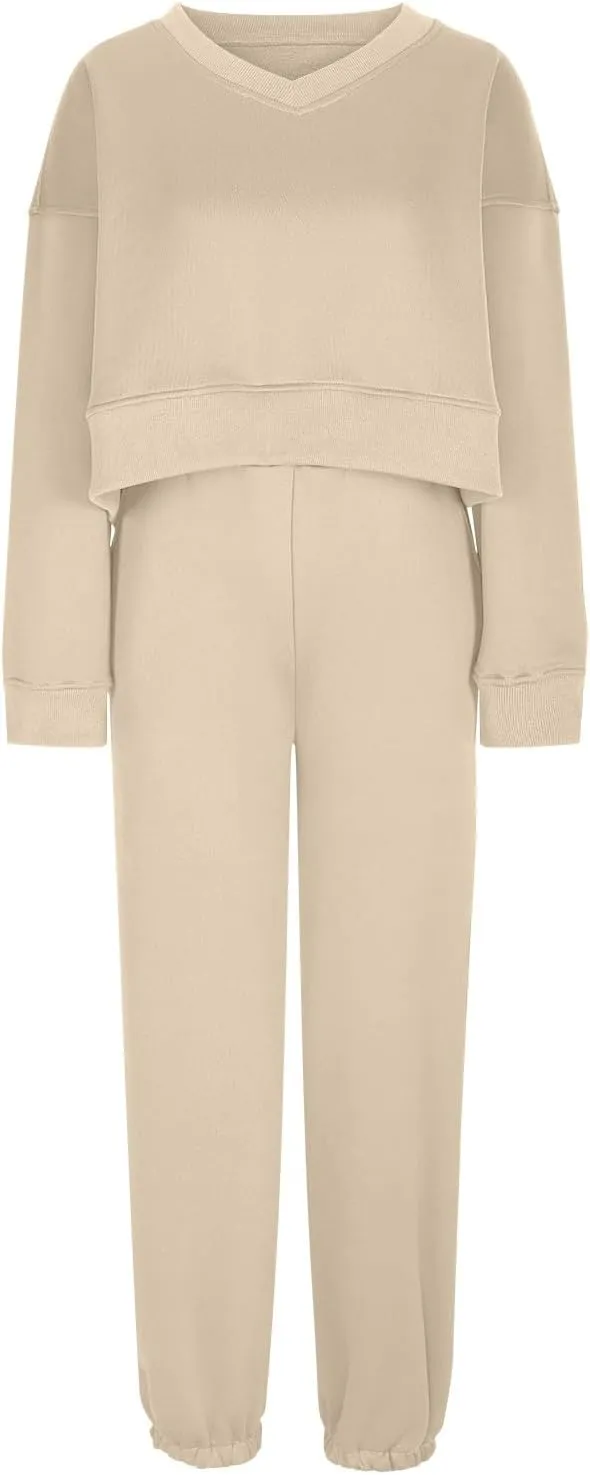 Womens Fall 2 Piece Outfits Casual Sweatsuits Sets Long Sleeve Crop Tops Sweatshirt Loose Sweatpants with Pockets