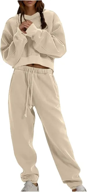 Womens Fall 2 Piece Outfits Casual Sweatsuits Sets Long Sleeve Crop Tops Sweatshirt Loose Sweatpants with Pockets