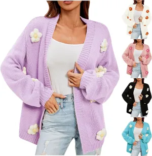 Womens Fall Chunky Knit Cardigan Sweaters 2024 Fashion Flower Print Long Sleeve Open Front Loose Casual Outerwear
