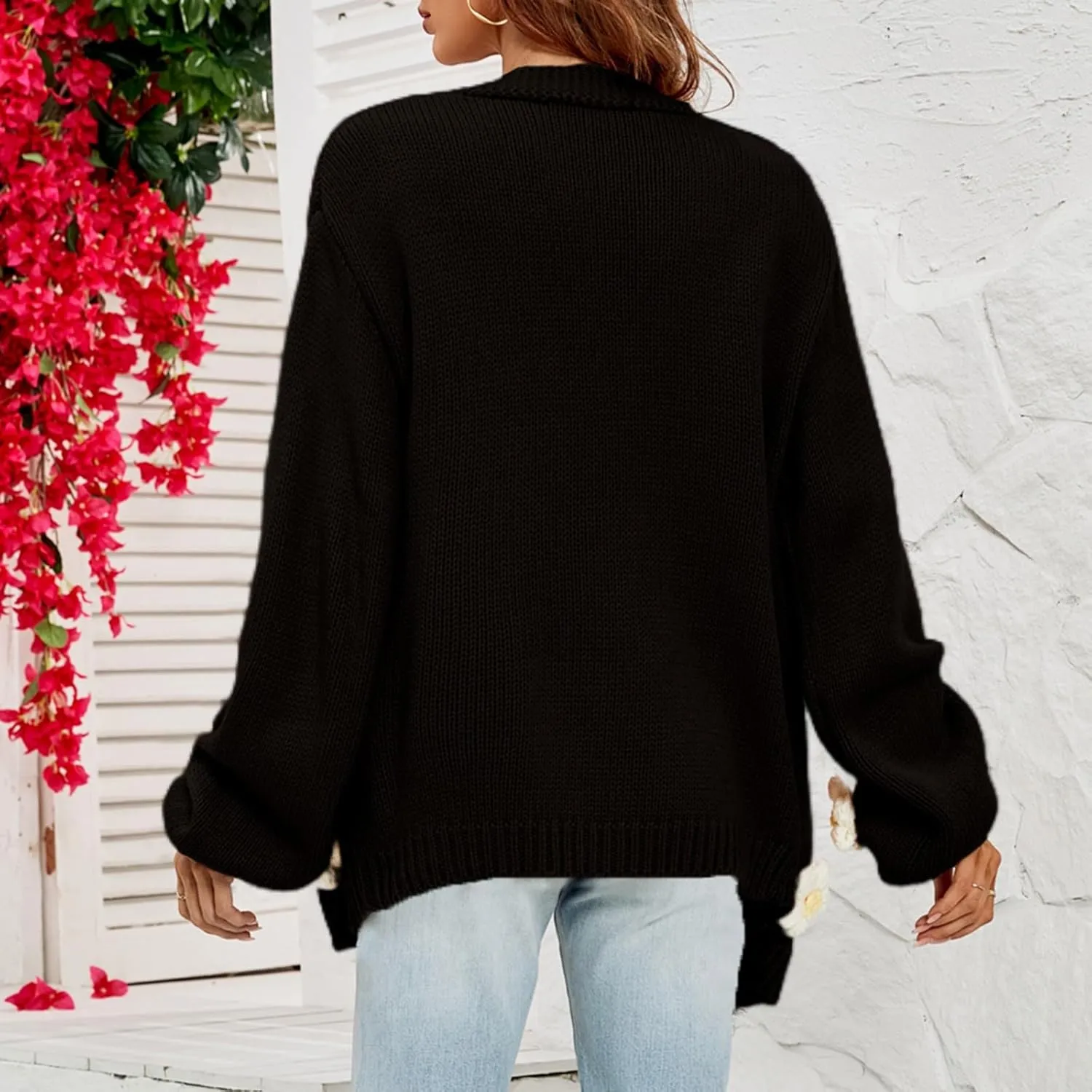 Womens Fall Chunky Knit Cardigan Sweaters 2024 Fashion Flower Print Long Sleeve Open Front Loose Casual Outerwear