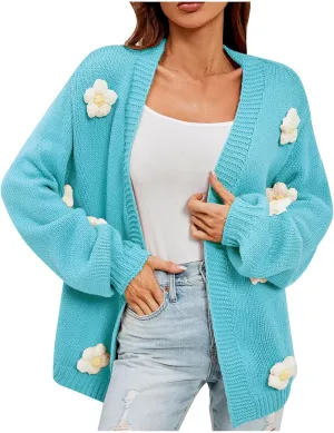 Womens Fall Chunky Knit Cardigan Sweaters 2024 Fashion Flower Print Long Sleeve Open Front Loose Casual Outerwear