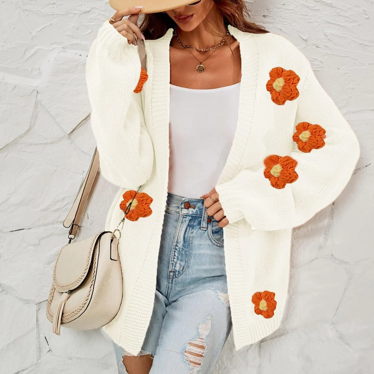 Womens Fall Chunky Knit Cardigan Sweaters 2024 Fashion Flower Print Long Sleeve Open Front Loose Casual Outerwear
