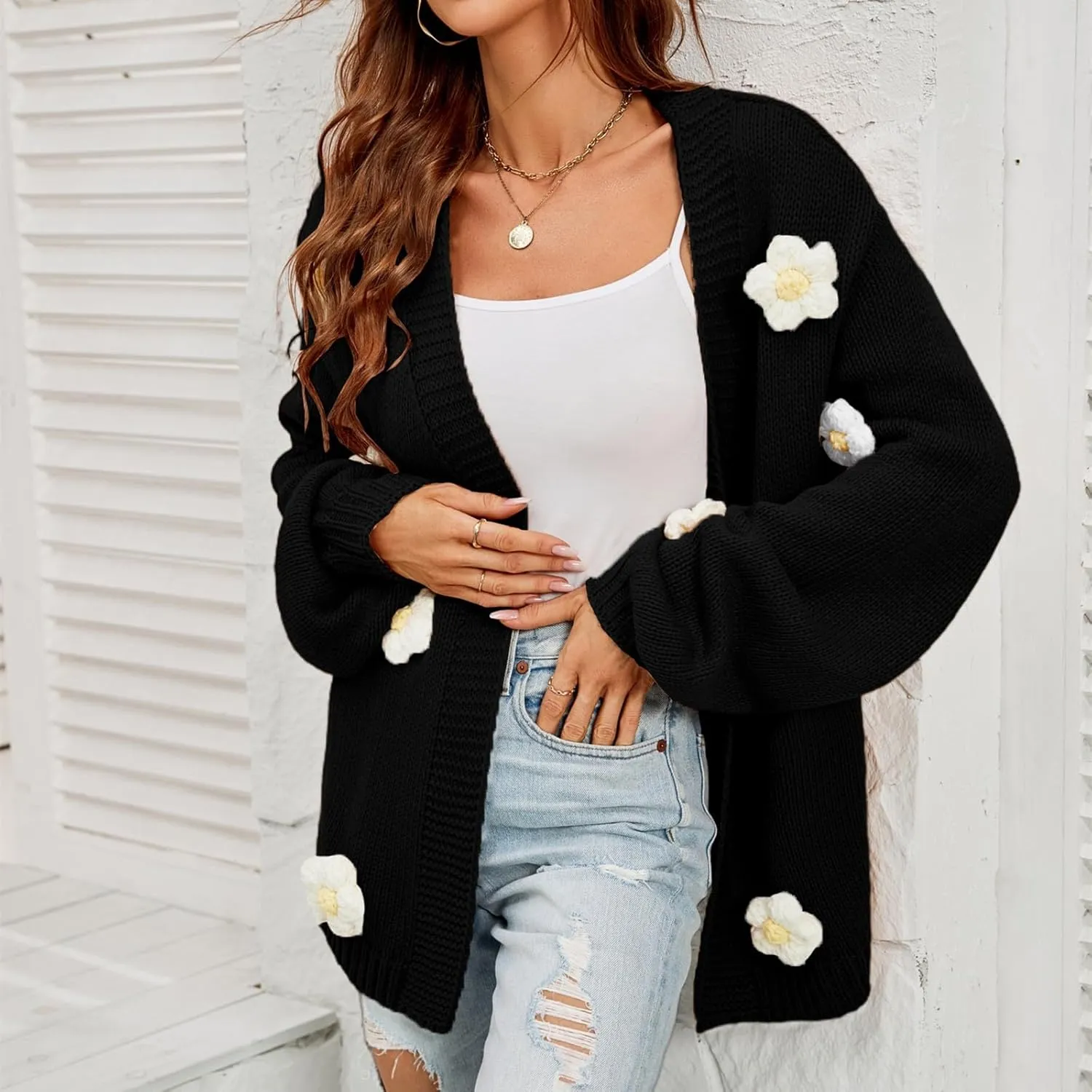 Womens Fall Chunky Knit Cardigan Sweaters 2024 Fashion Flower Print Long Sleeve Open Front Loose Casual Outerwear