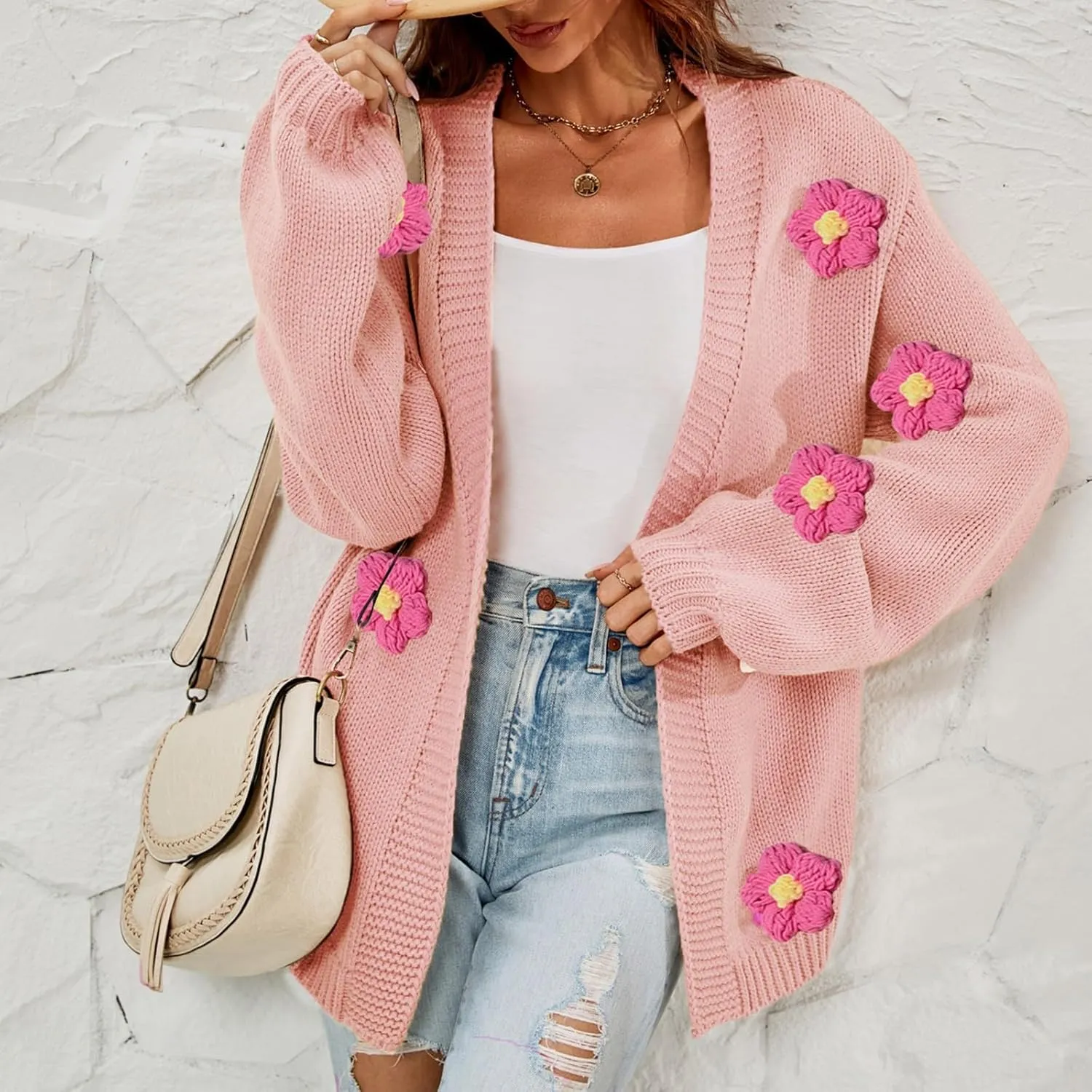 Womens Fall Chunky Knit Cardigan Sweaters 2024 Fashion Flower Print Long Sleeve Open Front Loose Casual Outerwear