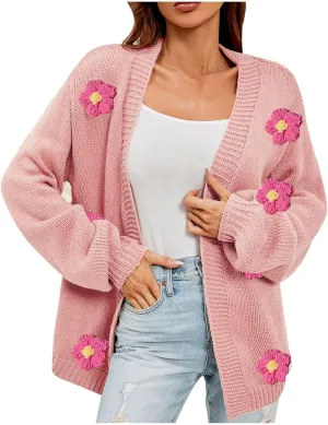 Womens Fall Chunky Knit Cardigan Sweaters 2024 Fashion Flower Print Long Sleeve Open Front Loose Casual Outerwear