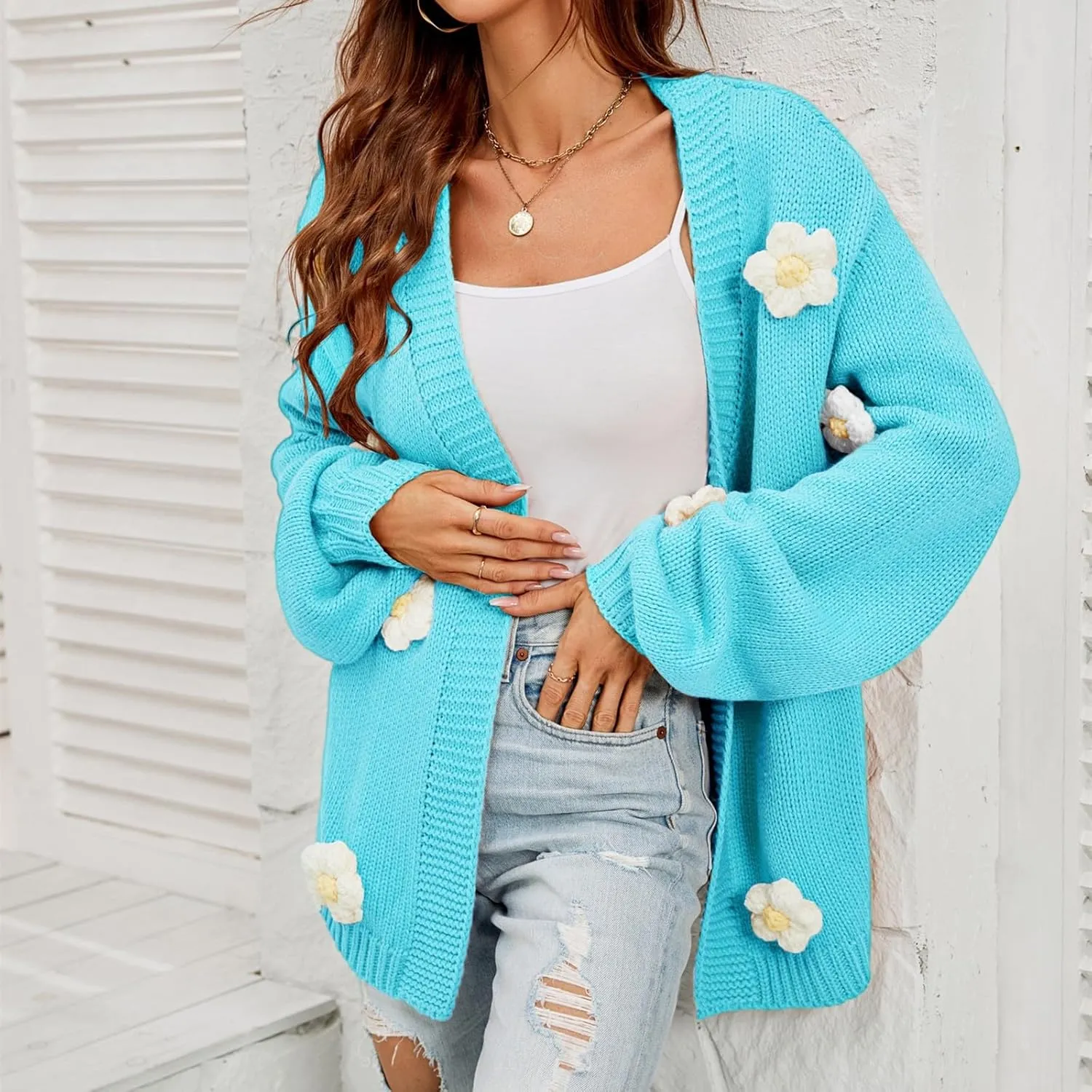 Womens Fall Chunky Knit Cardigan Sweaters 2024 Fashion Flower Print Long Sleeve Open Front Loose Casual Outerwear