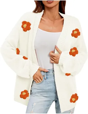 Womens Fall Chunky Knit Cardigan Sweaters 2024 Fashion Flower Print Long Sleeve Open Front Loose Casual Outerwear