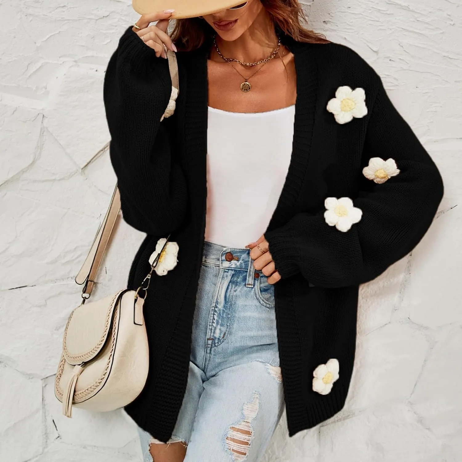 Womens Fall Chunky Knit Cardigan Sweaters 2024 Fashion Flower Print Long Sleeve Open Front Loose Casual Outerwear