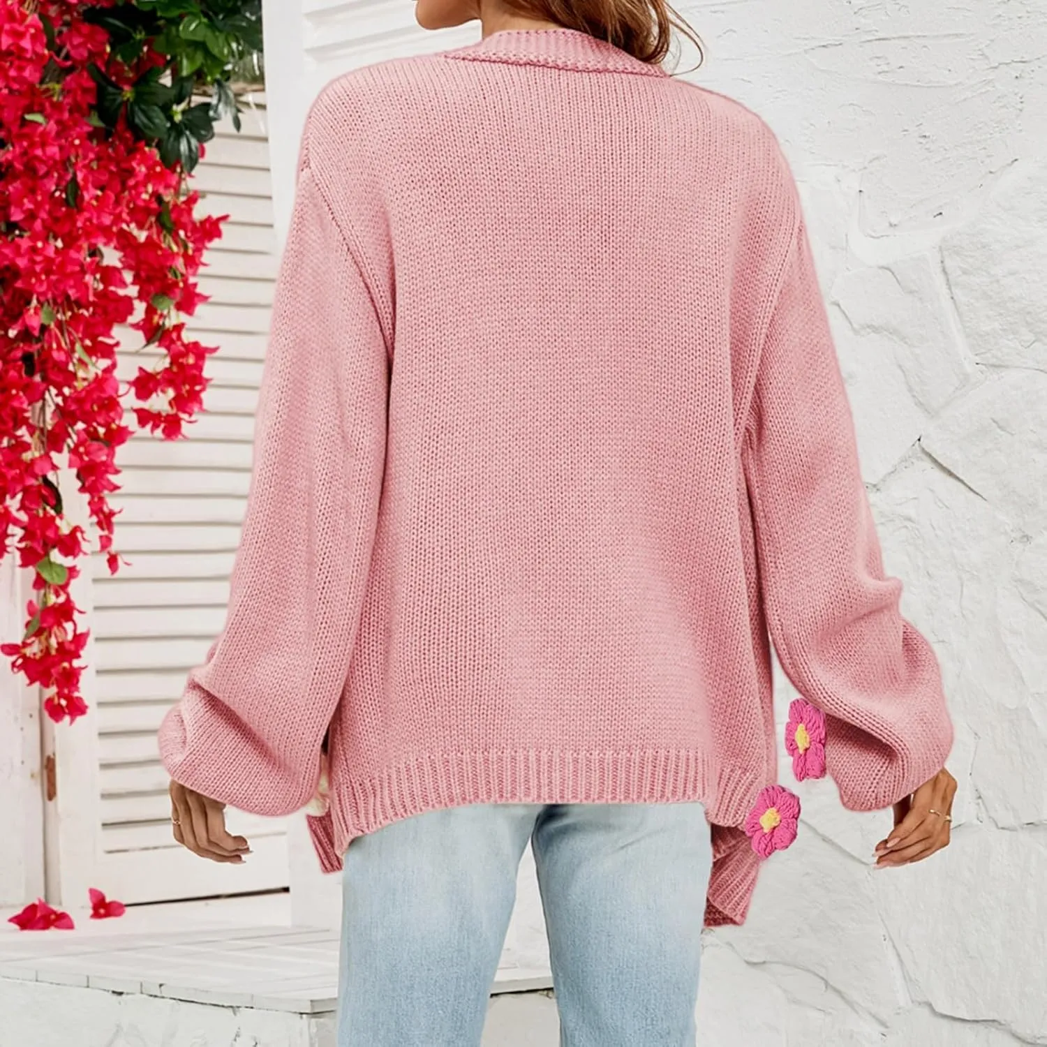 Womens Fall Chunky Knit Cardigan Sweaters 2024 Fashion Flower Print Long Sleeve Open Front Loose Casual Outerwear
