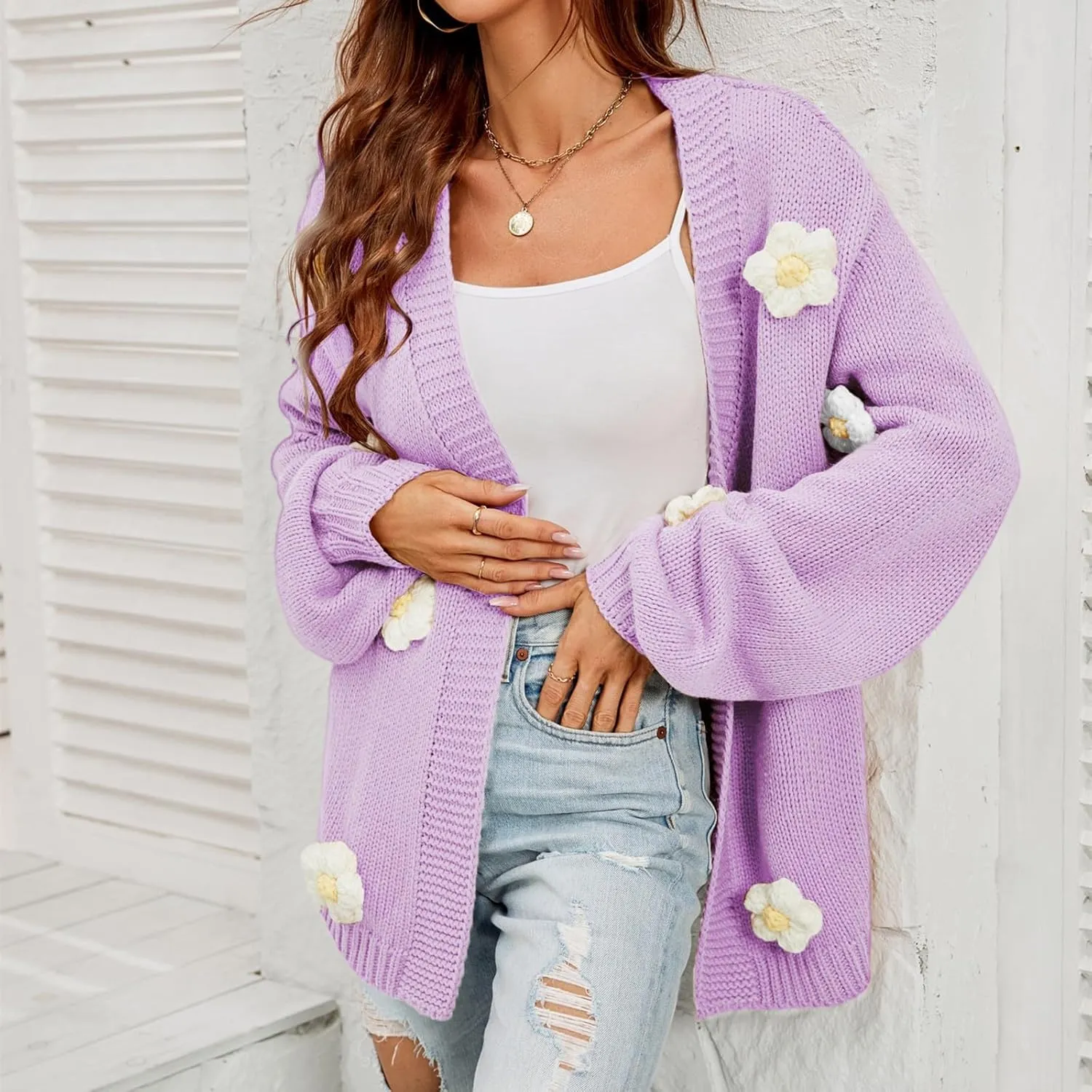 Womens Fall Chunky Knit Cardigan Sweaters 2024 Fashion Flower Print Long Sleeve Open Front Loose Casual Outerwear