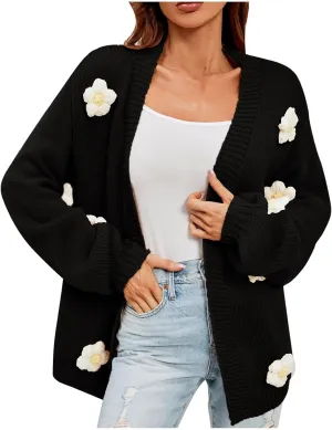 Womens Fall Chunky Knit Cardigan Sweaters 2024 Fashion Flower Print Long Sleeve Open Front Loose Casual Outerwear