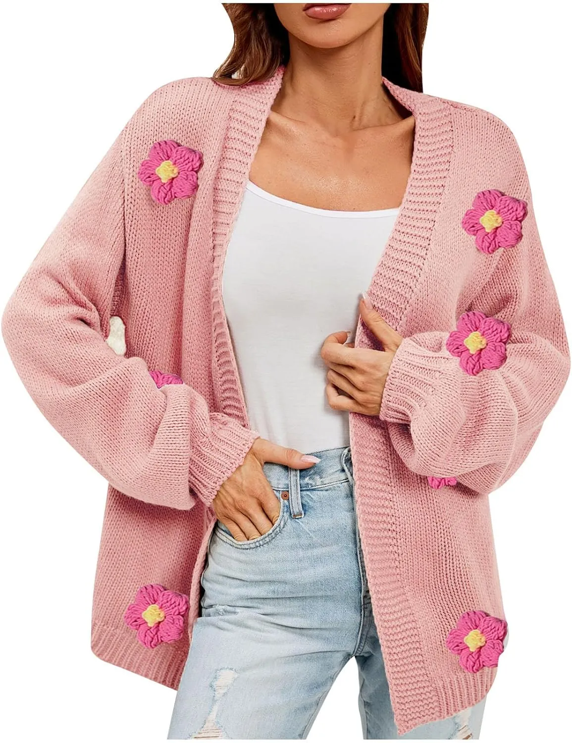 Womens Fall Chunky Knit Cardigan Sweaters 2024 Fashion Flower Print Long Sleeve Open Front Loose Casual Outerwear