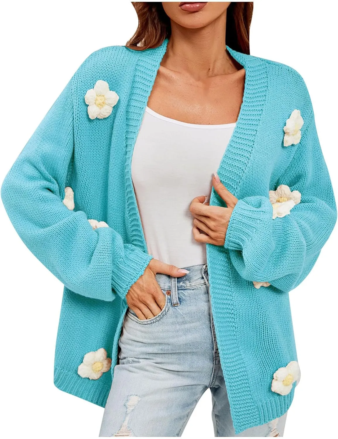 Womens Fall Chunky Knit Cardigan Sweaters 2024 Fashion Flower Print Long Sleeve Open Front Loose Casual Outerwear