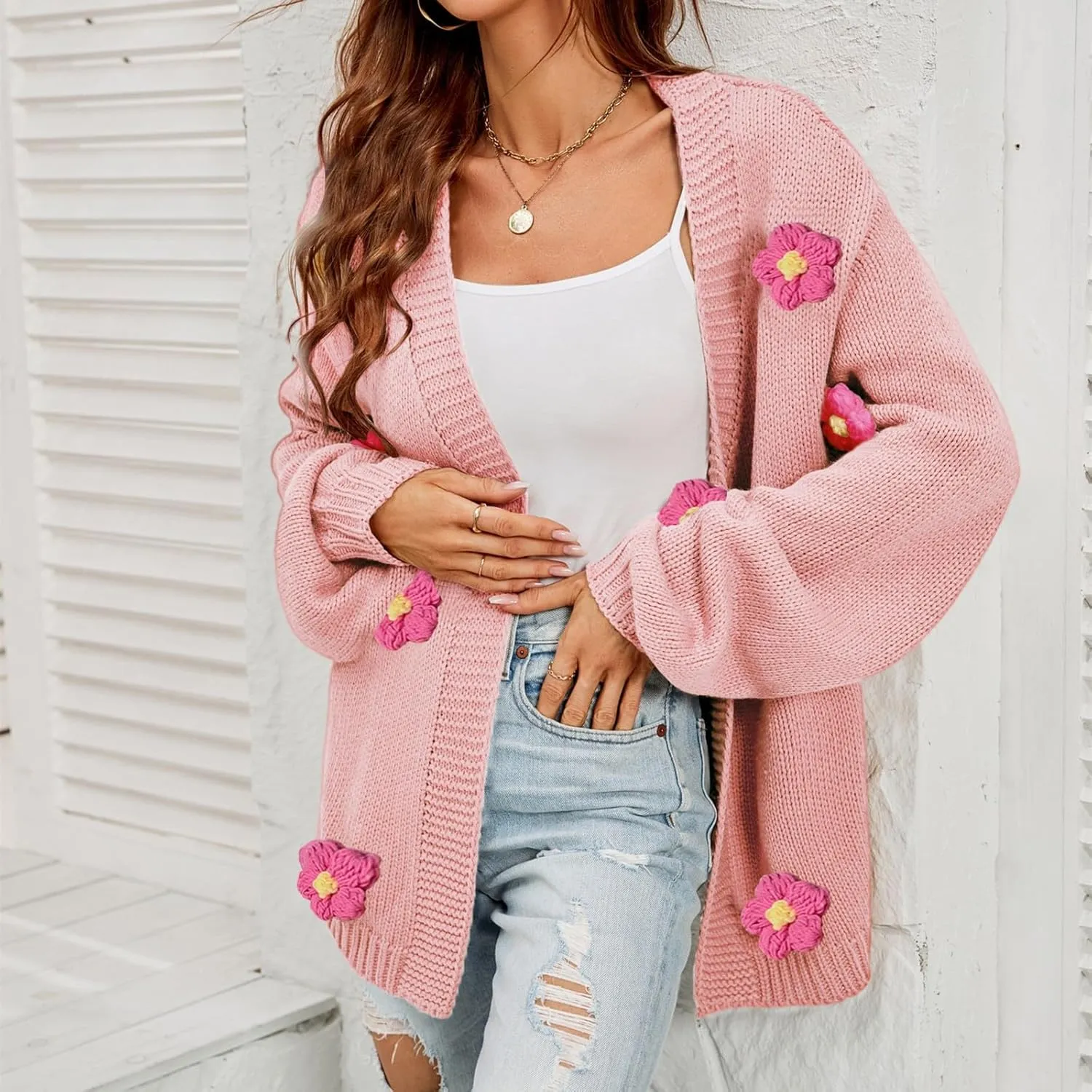 Womens Fall Chunky Knit Cardigan Sweaters 2024 Fashion Flower Print Long Sleeve Open Front Loose Casual Outerwear