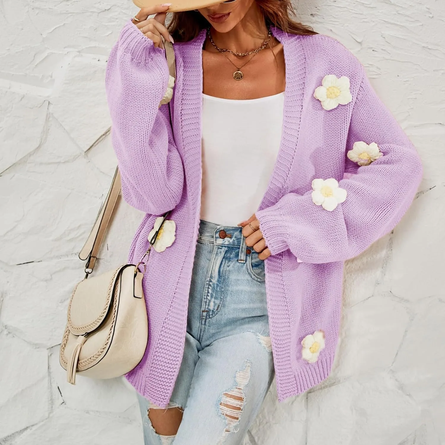 Womens Fall Chunky Knit Cardigan Sweaters 2024 Fashion Flower Print Long Sleeve Open Front Loose Casual Outerwear