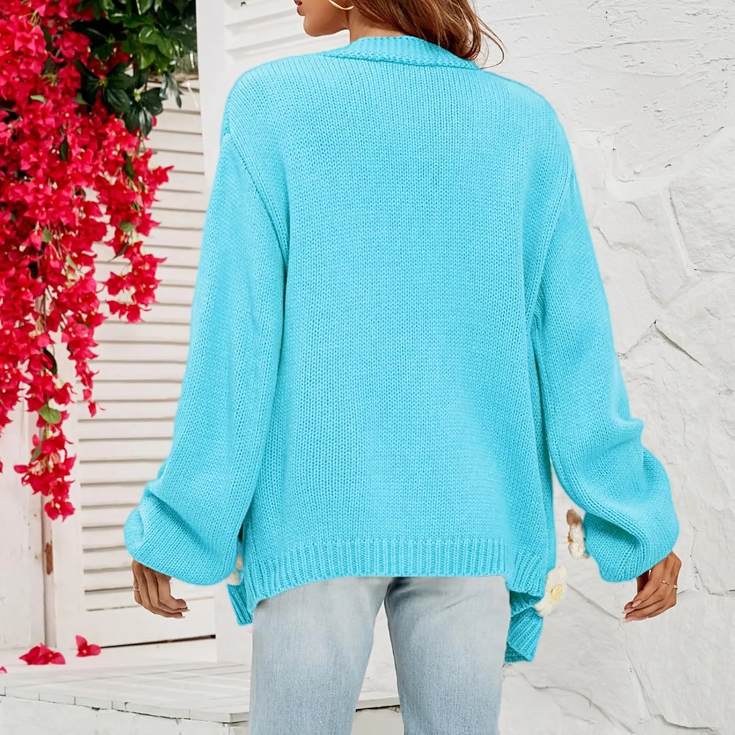 Womens Fall Chunky Knit Cardigan Sweaters 2024 Fashion Flower Print Long Sleeve Open Front Loose Casual Outerwear