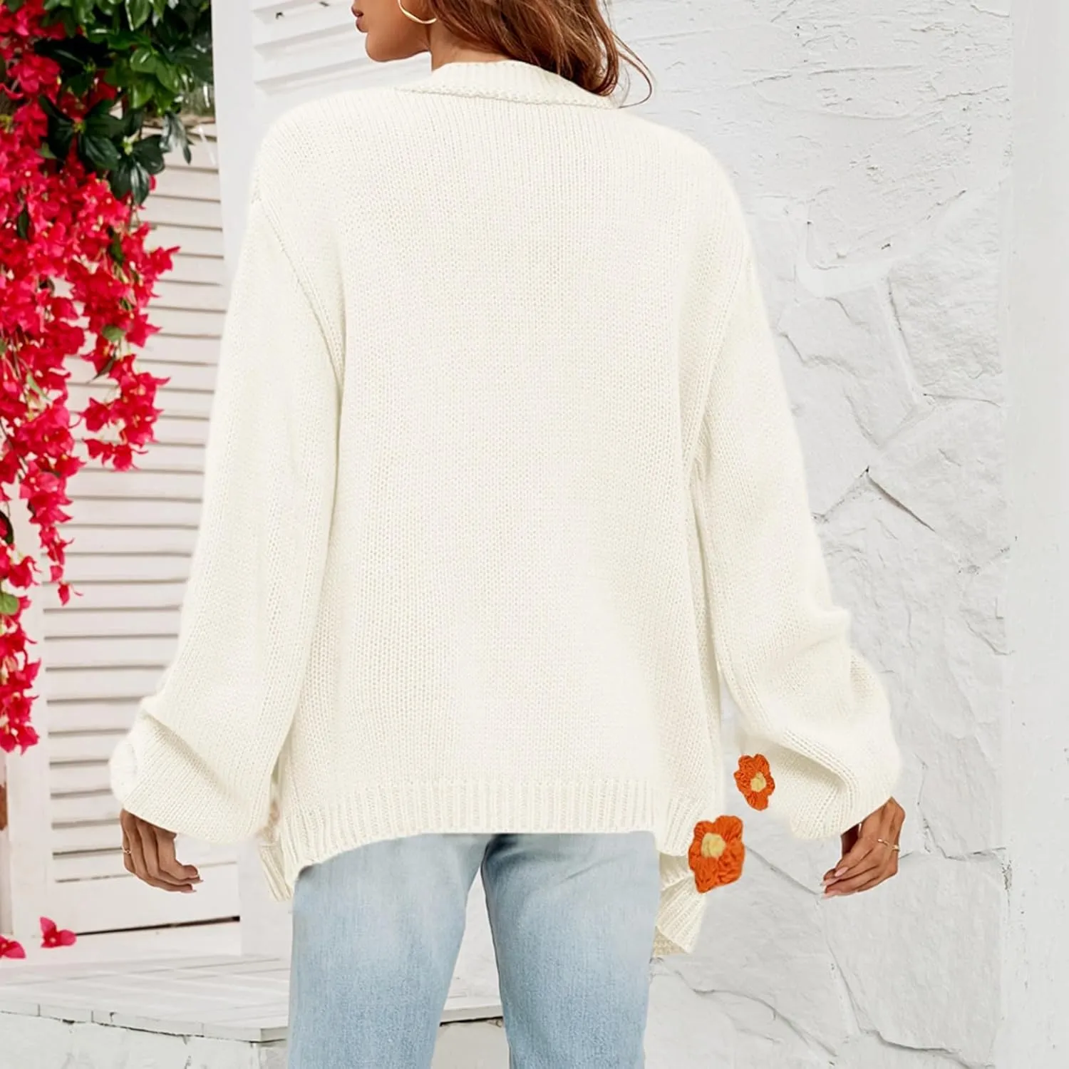 Womens Fall Chunky Knit Cardigan Sweaters 2024 Fashion Flower Print Long Sleeve Open Front Loose Casual Outerwear