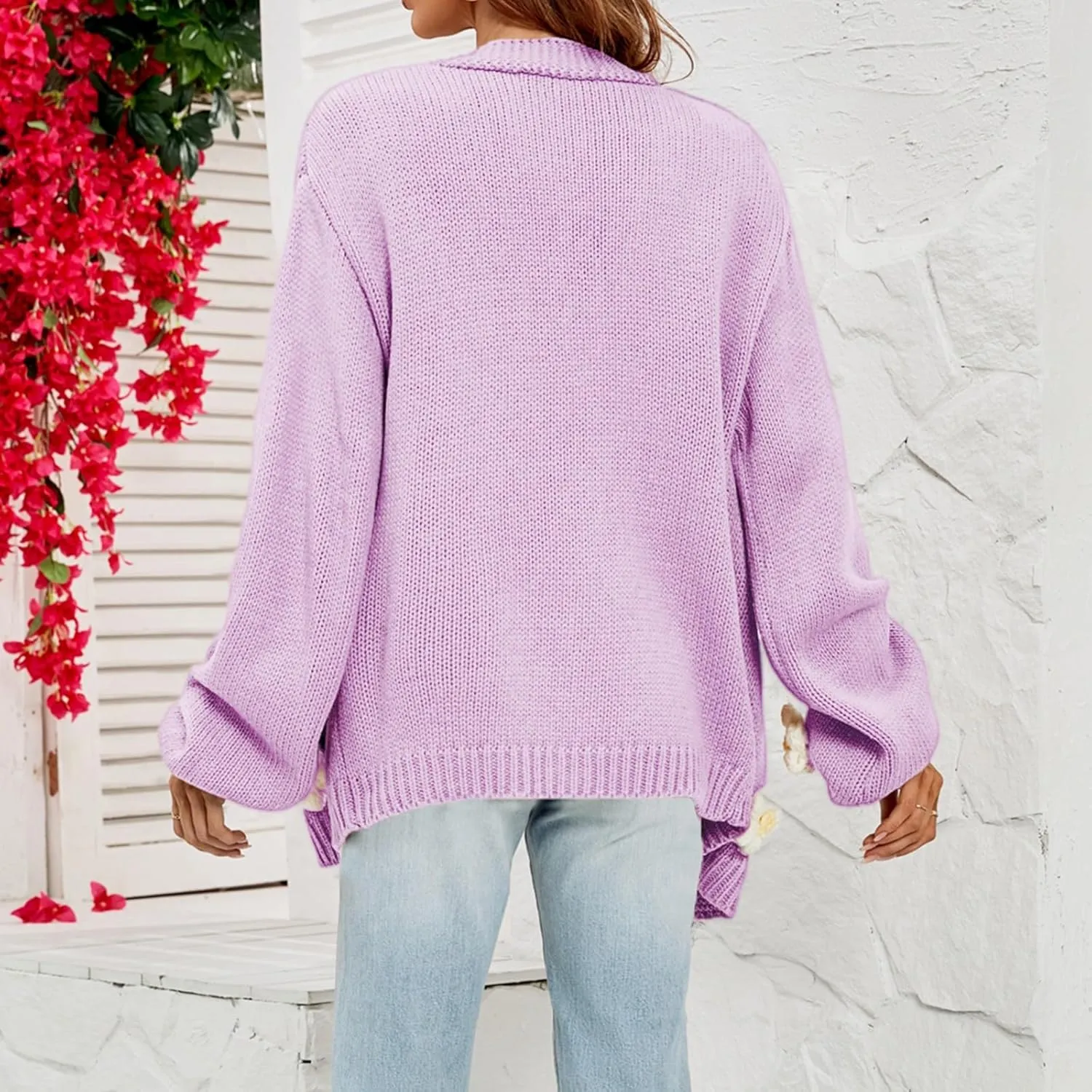 Womens Fall Chunky Knit Cardigan Sweaters 2024 Fashion Flower Print Long Sleeve Open Front Loose Casual Outerwear