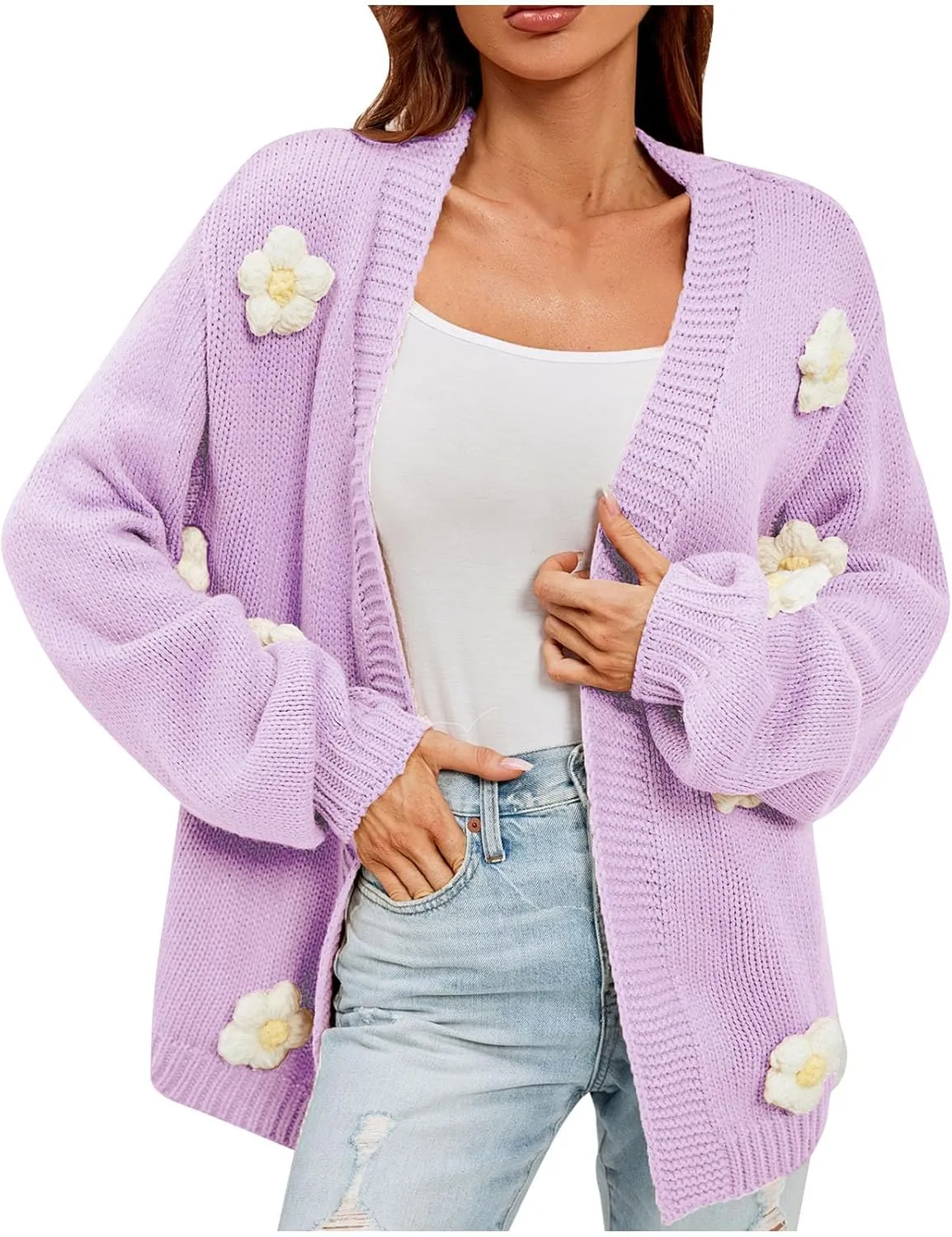 Womens Fall Chunky Knit Cardigan Sweaters 2024 Fashion Flower Print Long Sleeve Open Front Loose Casual Outerwear
