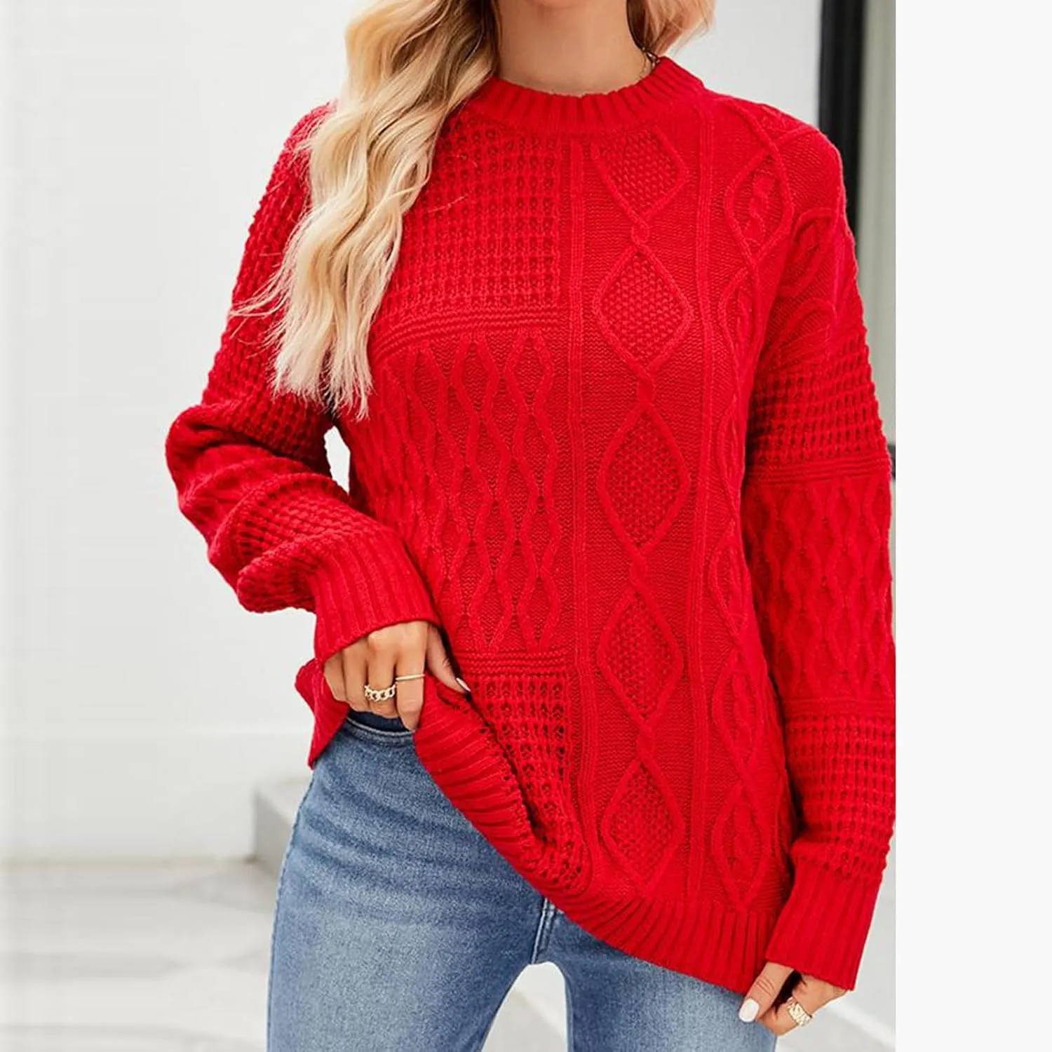 Womens Fashion Crewneck Sweaters Casual Long Sleeve Knit Cable Chunky Sweaters Loose Cozy Fashion Tops Fall Outfits