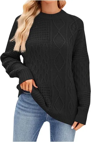 Womens Fashion Crewneck Sweaters Casual Long Sleeve Knit Cable Chunky Sweaters Loose Cozy Fashion Tops Fall Outfits