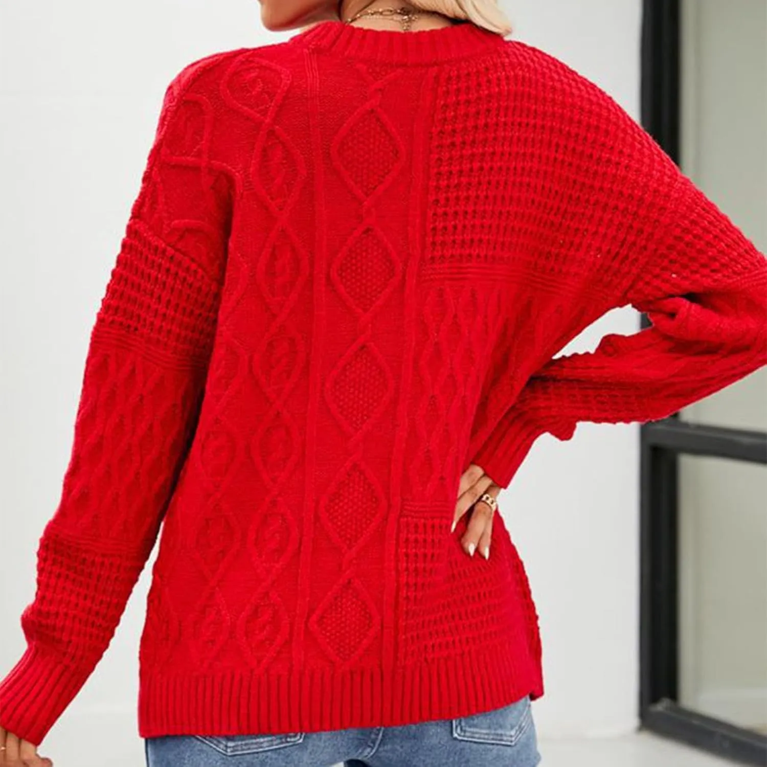 Womens Fashion Crewneck Sweaters Casual Long Sleeve Knit Cable Chunky Sweaters Loose Cozy Fashion Tops Fall Outfits