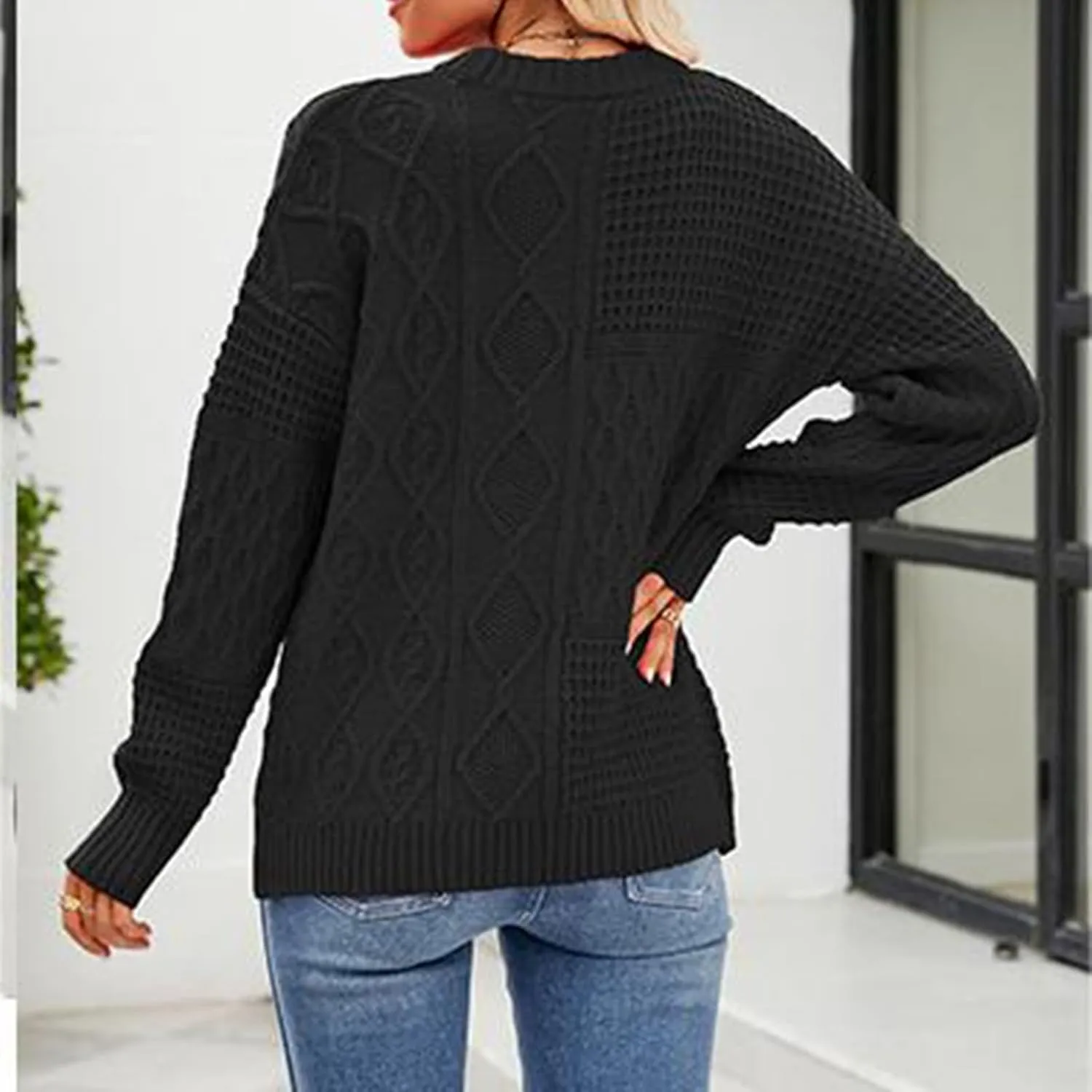 Womens Fashion Crewneck Sweaters Casual Long Sleeve Knit Cable Chunky Sweaters Loose Cozy Fashion Tops Fall Outfits