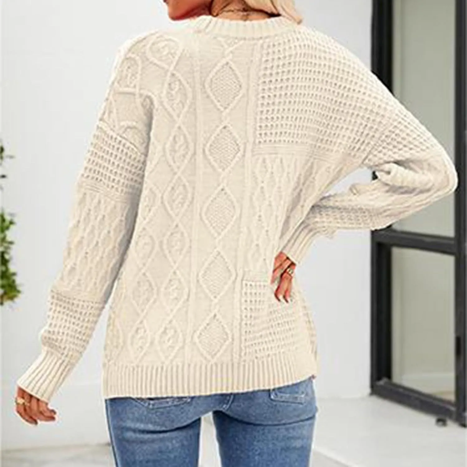 Womens Fashion Crewneck Sweaters Casual Long Sleeve Knit Cable Chunky Sweaters Loose Cozy Fashion Tops Fall Outfits