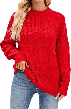Womens Fashion Crewneck Sweaters Casual Long Sleeve Knit Cable Chunky Sweaters Loose Cozy Fashion Tops Fall Outfits