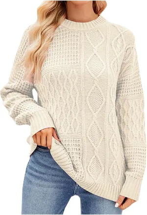 Womens Fashion Crewneck Sweaters Casual Long Sleeve Knit Cable Chunky Sweaters Loose Cozy Fashion Tops Fall Outfits