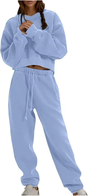 Womens Fleece 2 Piece Outfits Cropped Pullover Sweatshirt and Joggers Pants Set Long Sleeve Tracksuit Sweatsuit