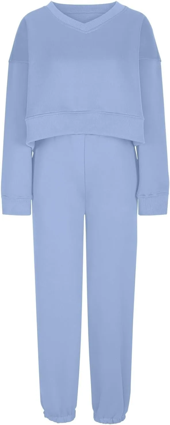Womens Fleece 2 Piece Outfits Cropped Pullover Sweatshirt and Joggers Pants Set Long Sleeve Tracksuit Sweatsuit