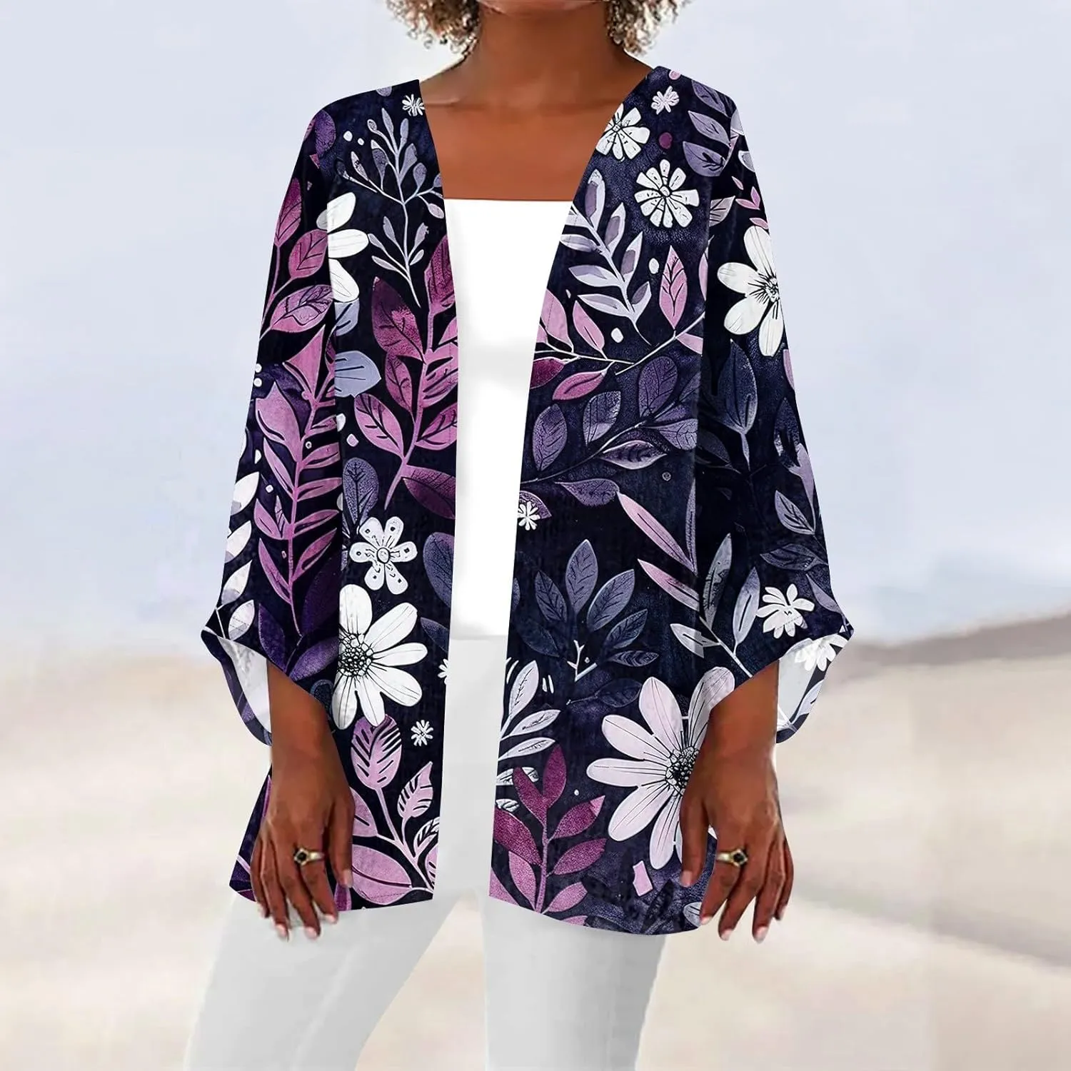 Women's Floral Print 3/4 Sleeve Kimono Cardigan Oversized Loose Fit Cover Up Casual Blouse Tops Boho Light Jacket