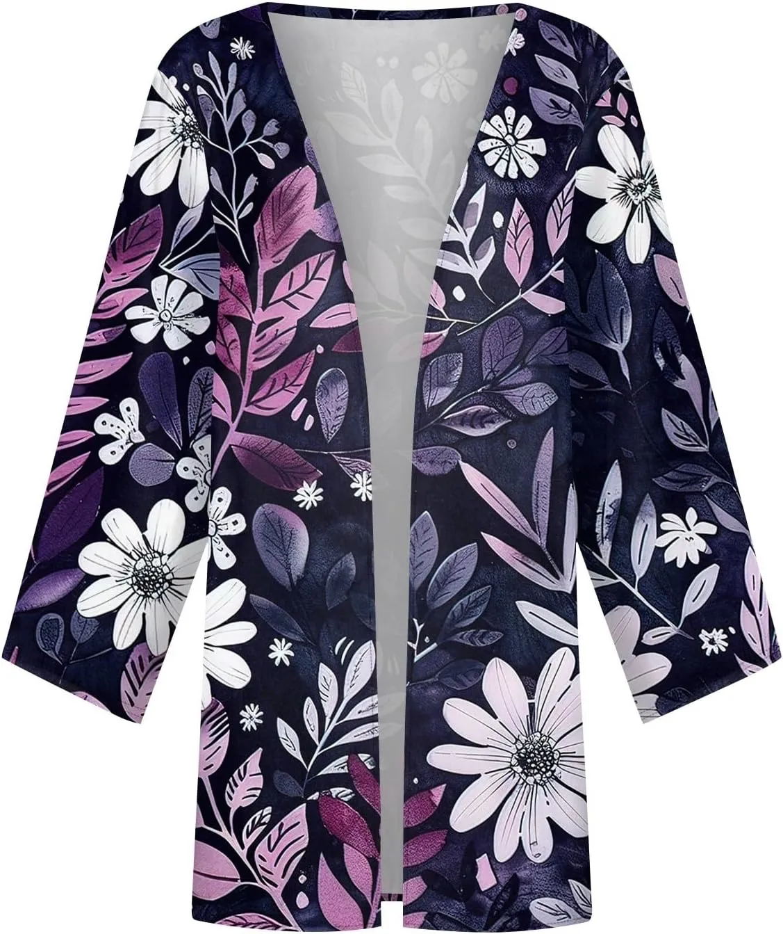 Women's Floral Print 3/4 Sleeve Kimono Cardigan Oversized Loose Fit Cover Up Casual Blouse Tops Boho Light Jacket