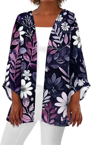 Women's Floral Print 3/4 Sleeve Kimono Cardigan Oversized Loose Fit Cover Up Casual Blouse Tops Boho Light Jacket