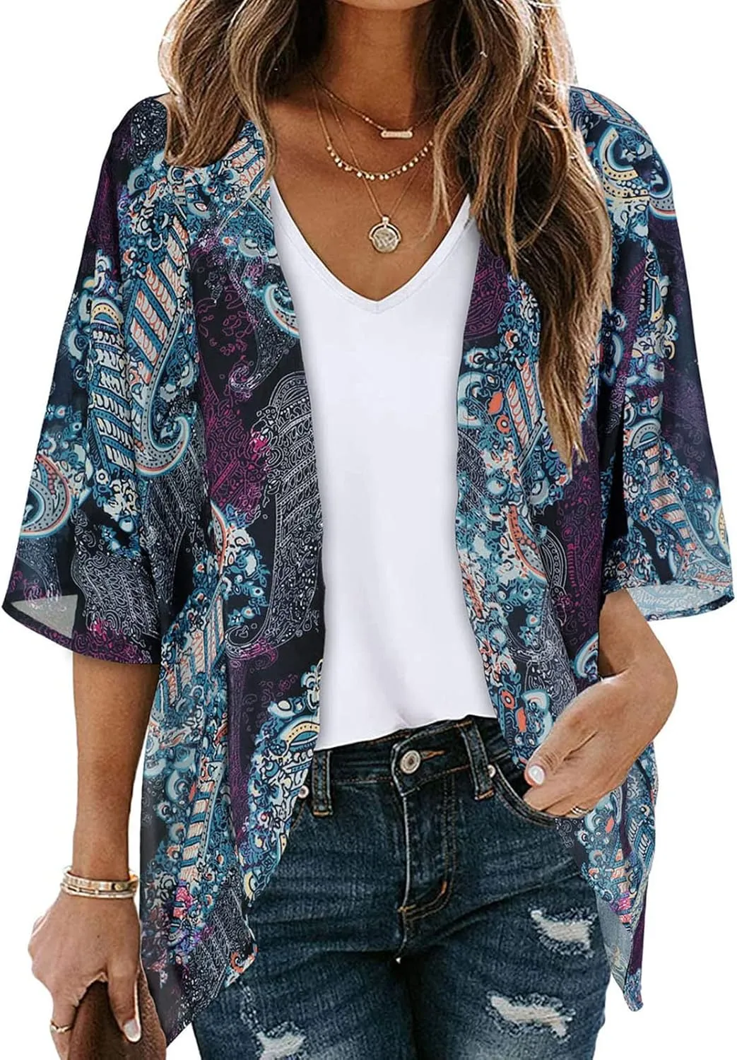 Women's Floral Print Kimono Cardigan Puff Sleeve Loose Cover Up Shirts Summer Beach Cardigans Casual Blouse Tops