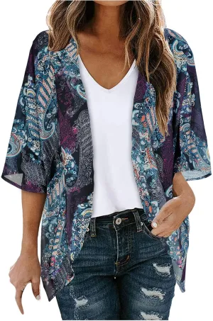 Women's Floral Print Kimono Cardigan Puff Sleeve Loose Cover Up Shirts Summer Beach Cardigans Casual Blouse Tops