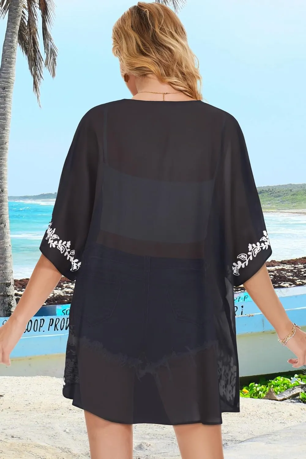 Women's Floral Print Puff Sleeve Kimono Cardigan Loose Cover Up Casual Blouse Tops