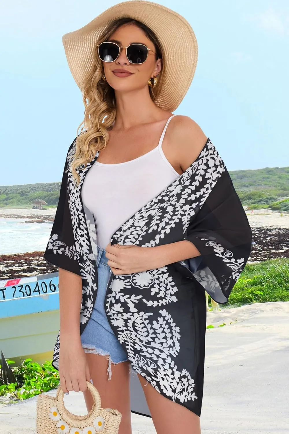Women's Floral Print Puff Sleeve Kimono Cardigan Loose Cover Up Casual Blouse Tops