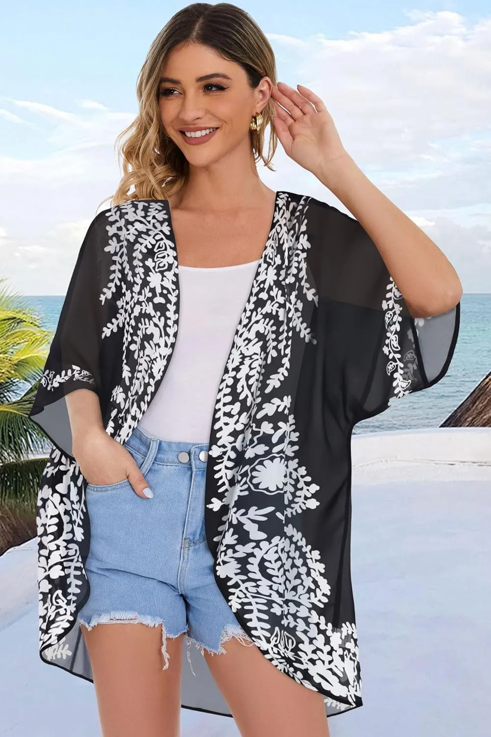 Women's Floral Print Puff Sleeve Kimono Cardigan Loose Cover Up Casual Blouse Tops
