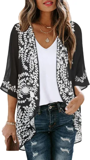 Women's Floral Print Puff Sleeve Kimono Cardigan Loose Cover Up Casual Blouse Tops