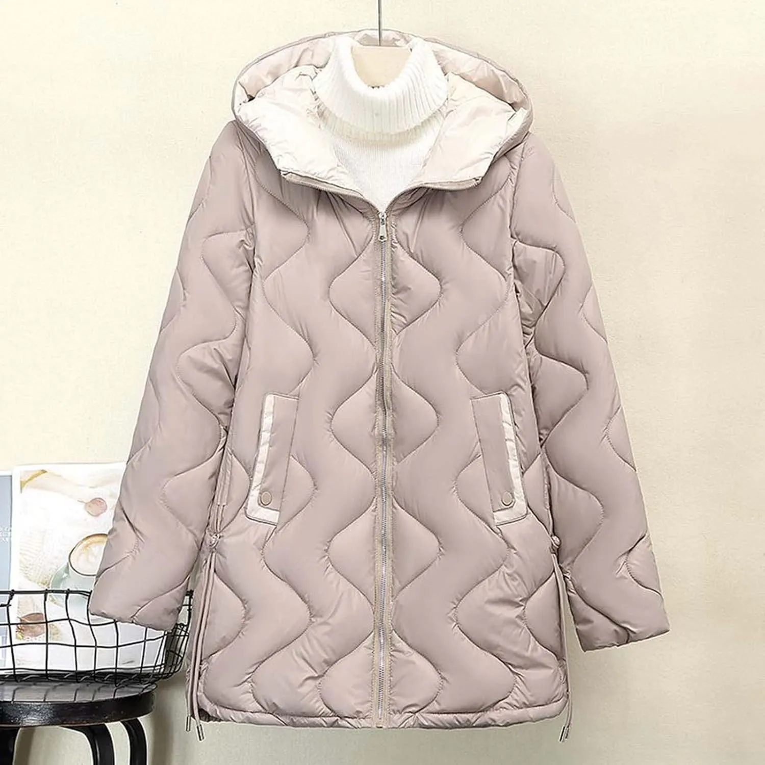 Women's Heavyweight Quilted Down Jackets Trendy Cute Striped Hooded Puffer Coats Winter Warm Solid Color Outerwears