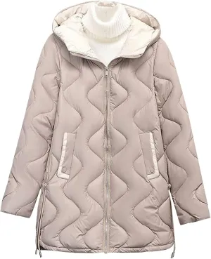 Women's Heavyweight Quilted Down Jackets Trendy Cute Striped Hooded Puffer Coats Winter Warm Solid Color Outerwears