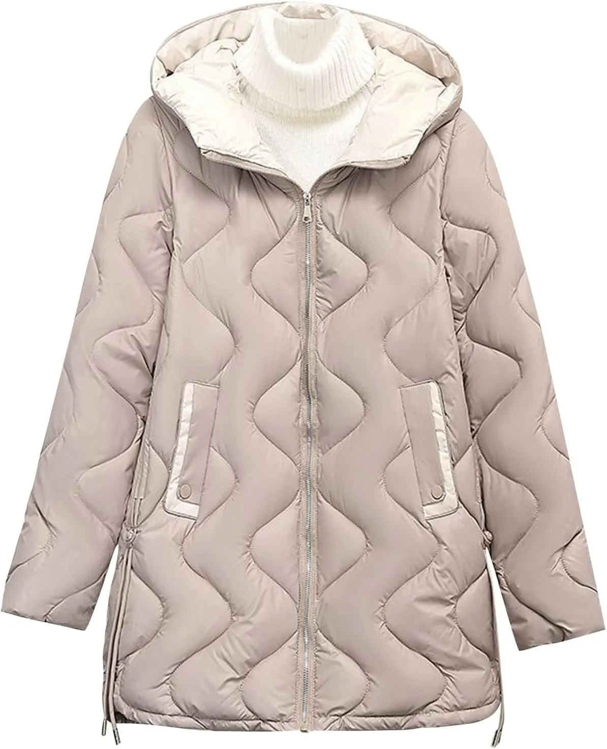 Women's Heavyweight Quilted Down Jackets Trendy Cute Striped Hooded Puffer Coats Winter Warm Solid Color Outerwears