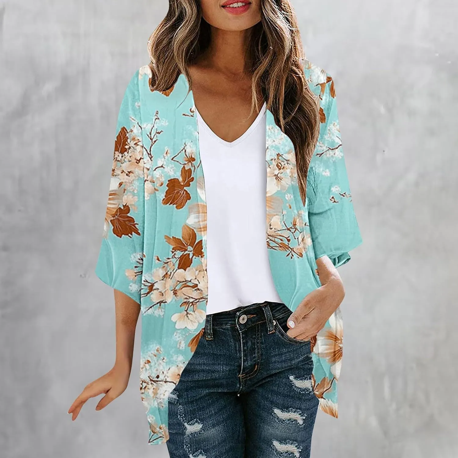 Womens Kimono Cardigan Chiffon Beach Cover Ups Floral Print Puff Sleeve Cardigans Boho Casual Tops Vacation Outfits