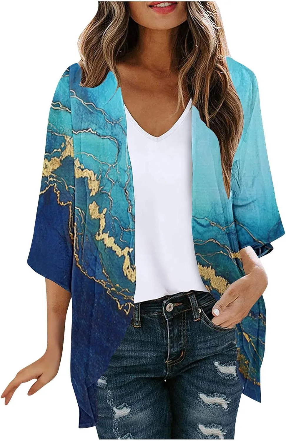 Womens Kimono Cardigan Chiffon Beach Cover Ups Floral Print Puff Sleeve Cardigans Boho Casual Tops Vacation Outfits