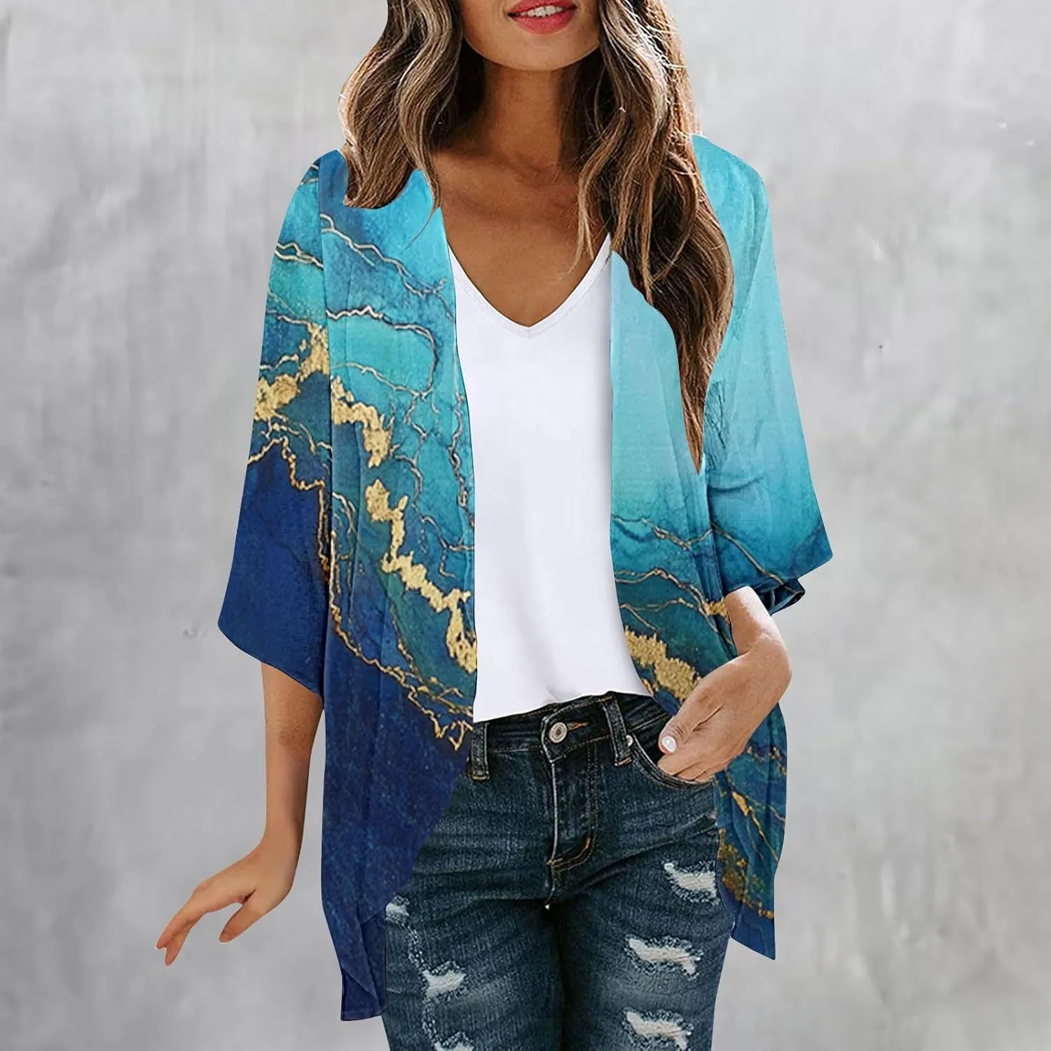 Womens Kimono Cardigan Chiffon Beach Cover Ups Floral Print Puff Sleeve Cardigans Boho Casual Tops Vacation Outfits