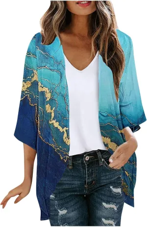 Womens Kimono Cardigan Chiffon Beach Cover Ups Floral Print Puff Sleeve Cardigans Boho Casual Tops Vacation Outfits