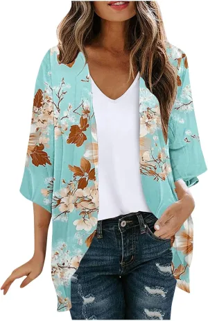 Womens Kimono Cardigan Chiffon Beach Cover Ups Floral Print Puff Sleeve Cardigans Boho Casual Tops Vacation Outfits